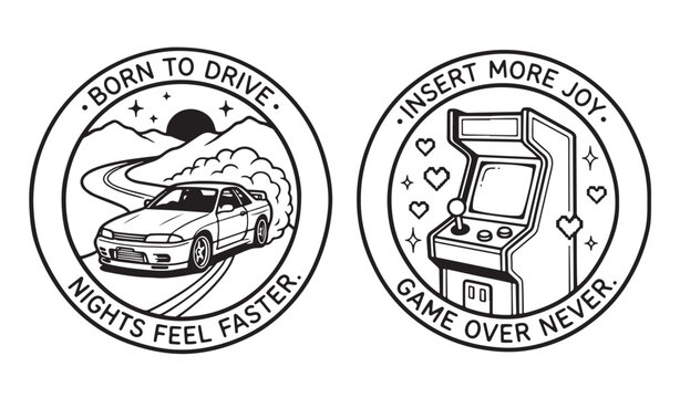 Black and White Illustrations Celebrating Car Culture and Retro Arcade Gaming, Showing a Drifting Car on a Mountain Road at Night and a Classic Video Game Machine