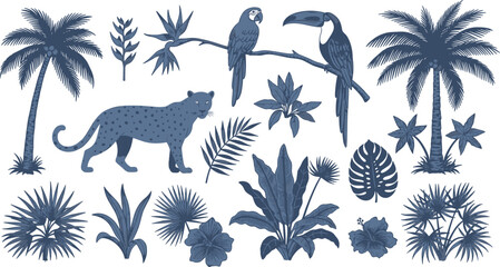 Fototapeta premium Tropical Rainforest Wildlife Icon Bundle featuring Leopard, Toucan and Parrot on Branch, Palm Trees, and Exotic Linocut Style Botanical Foliage