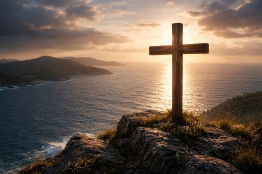 Symbol of devotion Christian cross against expansive ocean horizon and island scenery