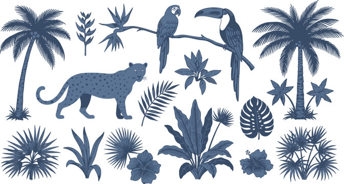 Tropical Rainforest Wildlife Icon Bundle featuring Leopard, Toucan and Parrot on Branch, Palm Trees, and Exotic Linocut Style Botanical Foliage