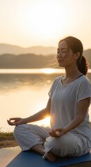 Fototapeta premium Young woman practices mindful meditation in the lotus position beside calm water during sunset