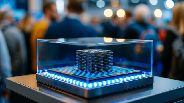 Nanotechnology conference display, illuminated glass case containing carbon nanotube mesh sample the size of a postage stamp, visitors' blurred reflections surrounding case in crowded public hall, i