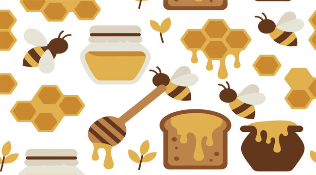 Seamless Honey Pattern and Sweet Apiculture Vector Background with Flying Bees Glass Jars Honeycomb Dipper Pot and Dripping Honey Bread for Fabric Design