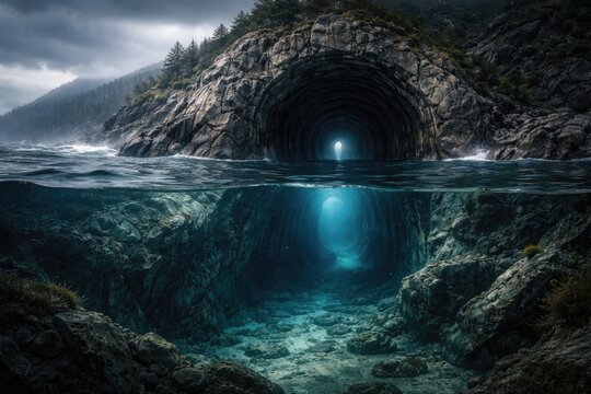 Underwater mountain tunnel visible near shoreline with overcast sky