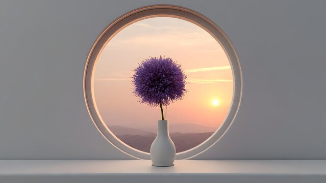 Round Window Violet Flower Vase Sunset View