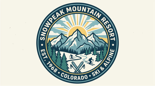 Retro snowpeak mountain resort Colorado ski and alpine established 1968 circular badge logo with snowy peaks and evergreen trees