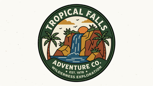 Vintage tropical falls adventure co wilderness exploration round emblem logo featuring a scenic jungle waterfall and palm trees vector