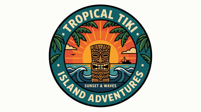 Retro tropical tiki island adventures sunset and waves circular badge logo featuring a traditional polynesian tiki totem pole vector