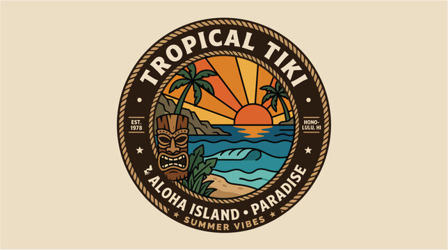 Vintage tropical tiki aloha island paradise summer vibes round badge logo with wooden tiki mask sunset and palm tree