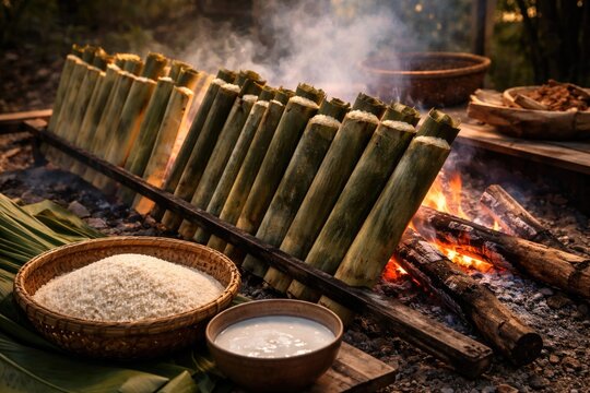 Cooking lemang with glutinous rice for traditional holiday events