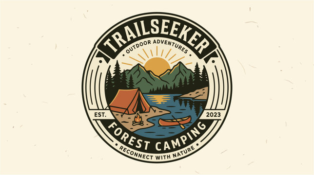 Vintage trailseeker outdoor adventures forest camping 2023 round badge logo with tent mountain pine trees and canoe on lake