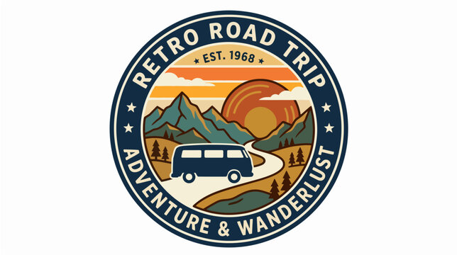 Retro road trip adventure and wanderlust established 1968 circular badge logo with vintage camper van and mountain road vector