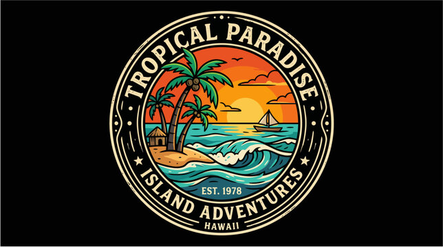 Retro tropical paradise island adventures circular emblem logo featuring a beautiful beach resort hut palm trees and sailboat vector