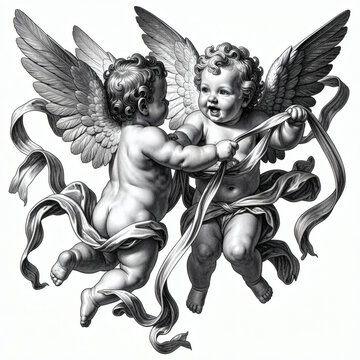 Vintage Renaissance Cherub Angels Antique Engraving Illustration