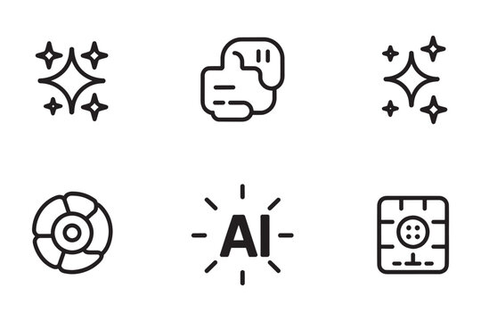 A small collection of six black line representing technology artificial intelligence and sparkling on a white background Keywords: sparkle star shine python programming coding artificial