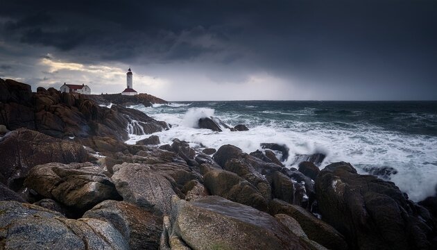 a rocky shoreline with a dark sky and ocean waves there is a lighthouse in the distance