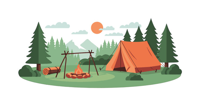 3D isometric vector illustration of a mountain campsite with a green tent, glowing campfire, pine trees, and hiking gear set against a stylized wilderness forest landscape.