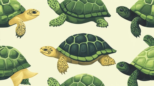 Colorful turtles walking and swimming create a seamless pattern on a white background