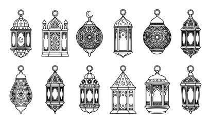 Ramadan and Eid traditional Islamic lantern vector set with intricate geometric arabesque patterns in black line art © Mdsahag
