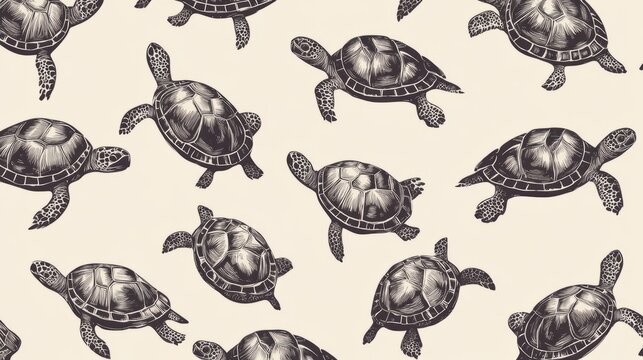 Watercolor illustration depicting a seamless pattern of sea turtles swimming gracefully on a clean white background