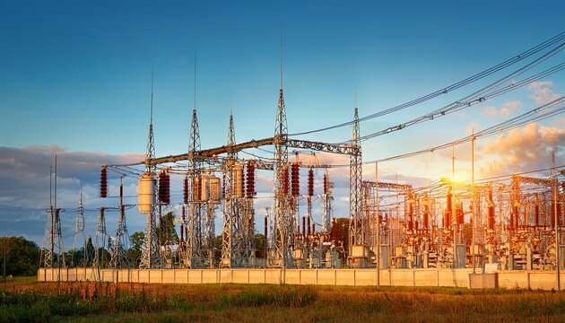 electrical substation transmitting high voltage power grid infrastructure