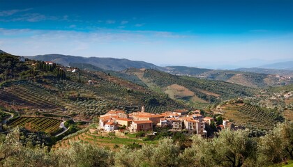 Fototapeta premium fermoselle village overview with terraced farmlands and olive groves