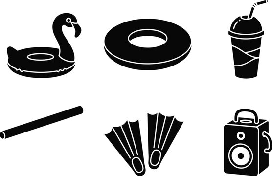Summer pool party vector silhouette set with float, drink, flippers, speaker icons