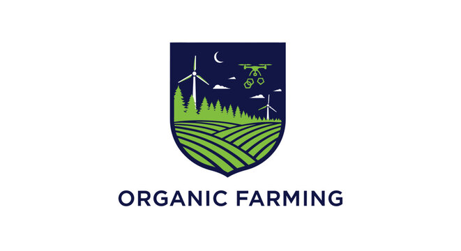 Organic Farming Emblem with Wind Turbines and Rolling Fields.