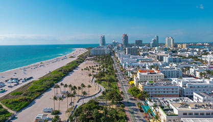 Fototapeta premium Miami city panorama with skyscrapers. Miami beach waterfront. Miami pier with south pointe. Miami shoreline.