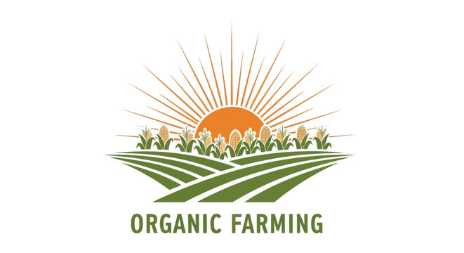 Organic Farming Logo with Sun and Corn Fields.