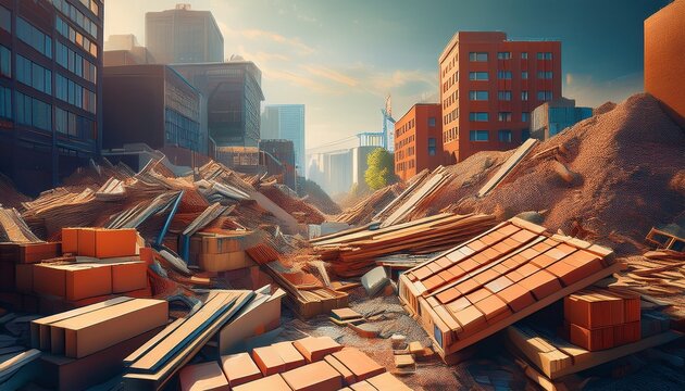urban mining zero waste sorted piles of construction materials windows wood bricks steel concrete sustainable material recycling reuse architecture city sustainability life cycle