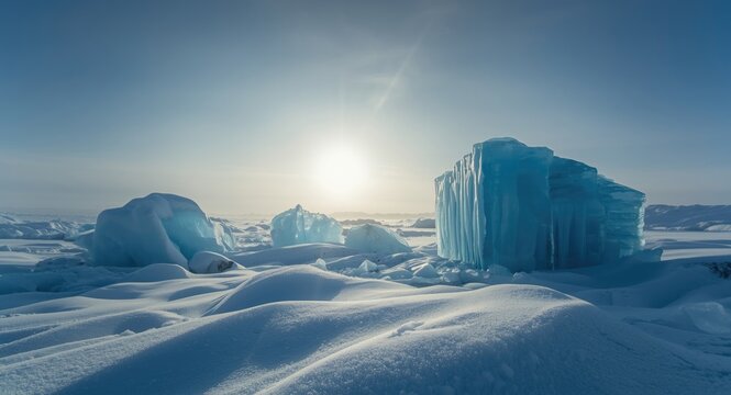 Bright winter sun illuminating massive blue ice blocks on a frozen lake with snow hummocks in a natural cold landscape
