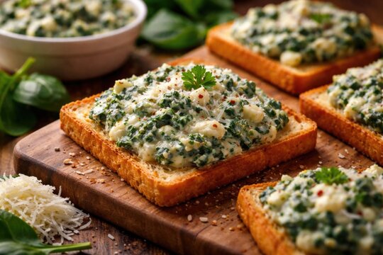 Savory spinach and cheese spread on crispy square bread