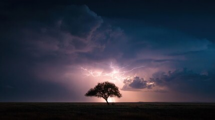 Solitary Tree Against a Dramatic Sunset Sky with Storm Clouds and a Glimmer of Light. © ahmad