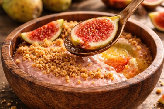 Spoon with sliced fig over dessert of prickly pear mousse and gofio crumble served in wood bowl