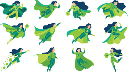 Obraz premium Female Superhero Vector Set with Woman in Green Costume and Cape Flying, Fighting, and Posing in Different Action Illustrations