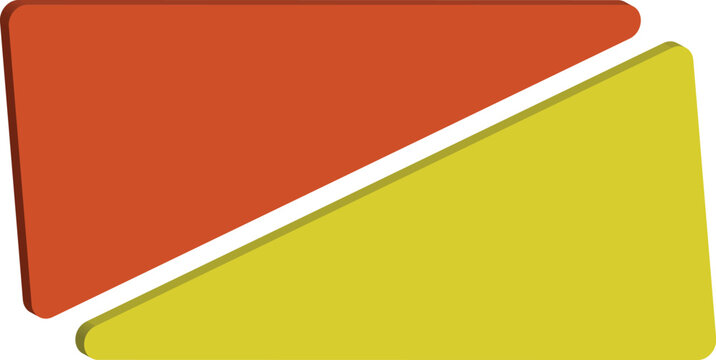 A clean minimalist graphic featuring two distinct geometric shapes an orange triangle and a yellow trapezoid positioned side-by-side and divided by a sharp diagonal line. Both shapes have a subtle 3D 