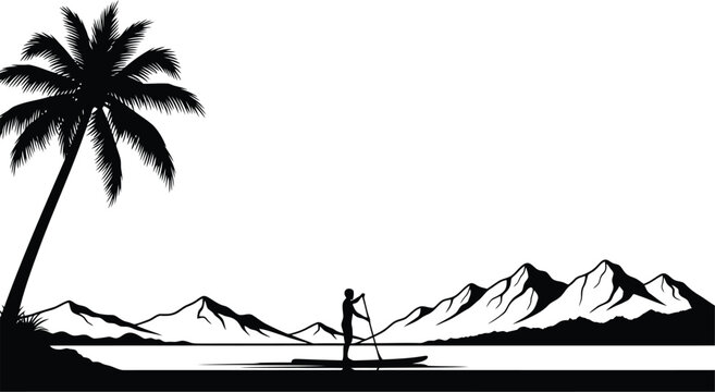 Tropical beach silhouette vector with palm tree, mountains and surfer on a summer island shoreline