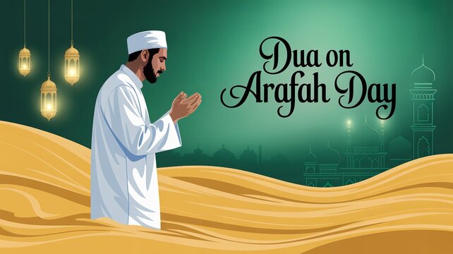 Spiritual Dua on Arafah Day illustration with peaceful Islamic prayer atmosphere.