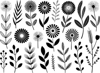 Black and white floral and botanical collection white background, nature flower leaf © Abdullah_43