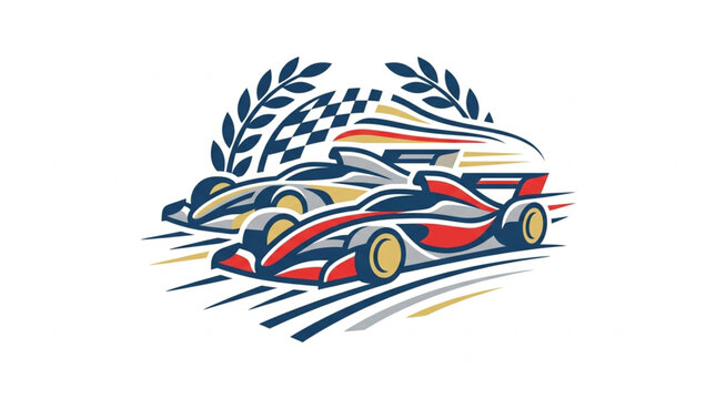 Two racing cars compete on a track with checkered flags and laurel wreaths.