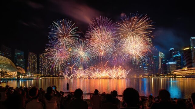 Spectacular Fireworks Display Over a City Skyline at Night.