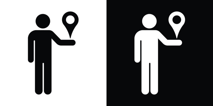 Vector stick figure icon holding a map pointer. Minimalist black and white symbols representing a tour guide, shared coordinates, manual location selection, or courier destination.