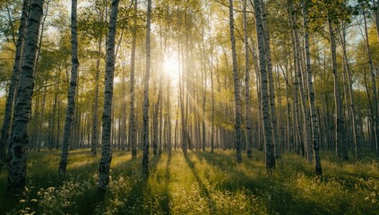 Fototapeta premium Bright and airy summer forest panorama with birch trees
