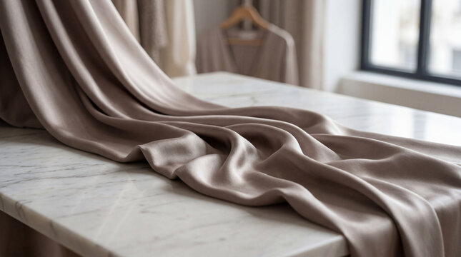 Luxurious light brown silk fabric draped elegantly over a white marble table surface.