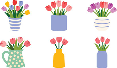 Obraz premium Tulip Flower Vector Set with Colorful Vases, Bouquets, and Spring Blooms Arranged in Different Styles for Home Decor and Illustration Designs