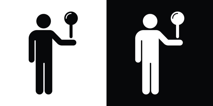 Vector stick figure icon holding a map pointer. Minimalist black and white symbols representing a tour guide, shared coordinates, manual location selection, or courier destination.