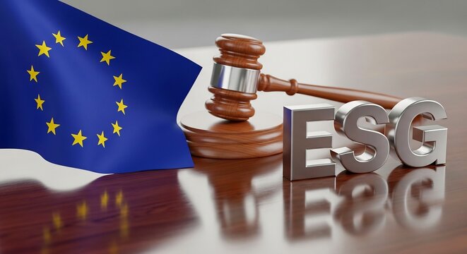 EU ESG Regulation Concept with European Union Flag and Judge Gavel on Desk
