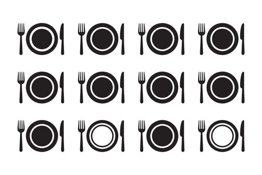 A repeating pattern of black silhouette place settings each consisting of a plate and cutlery including a fork and knife arranged in rows on a white background for dining and restaurant concepts