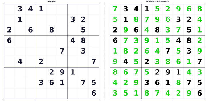 Hard difficulty Sudoku puzzle with 9x9 grid. Printable template featuring unsolved game and complete solution. Mathematical logic brain teaser and problem solving concept